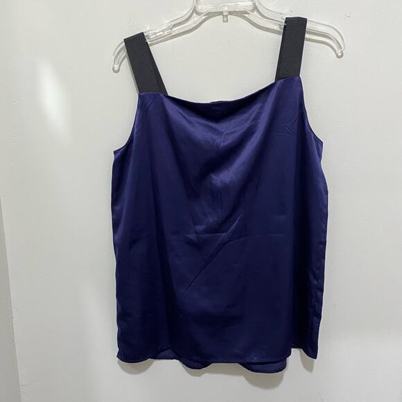 LOFT Navy Blue Satin Tank Top SIZE MEDIUM Black Ribbon Straps Pleated Neckline - Picture 5 of 8